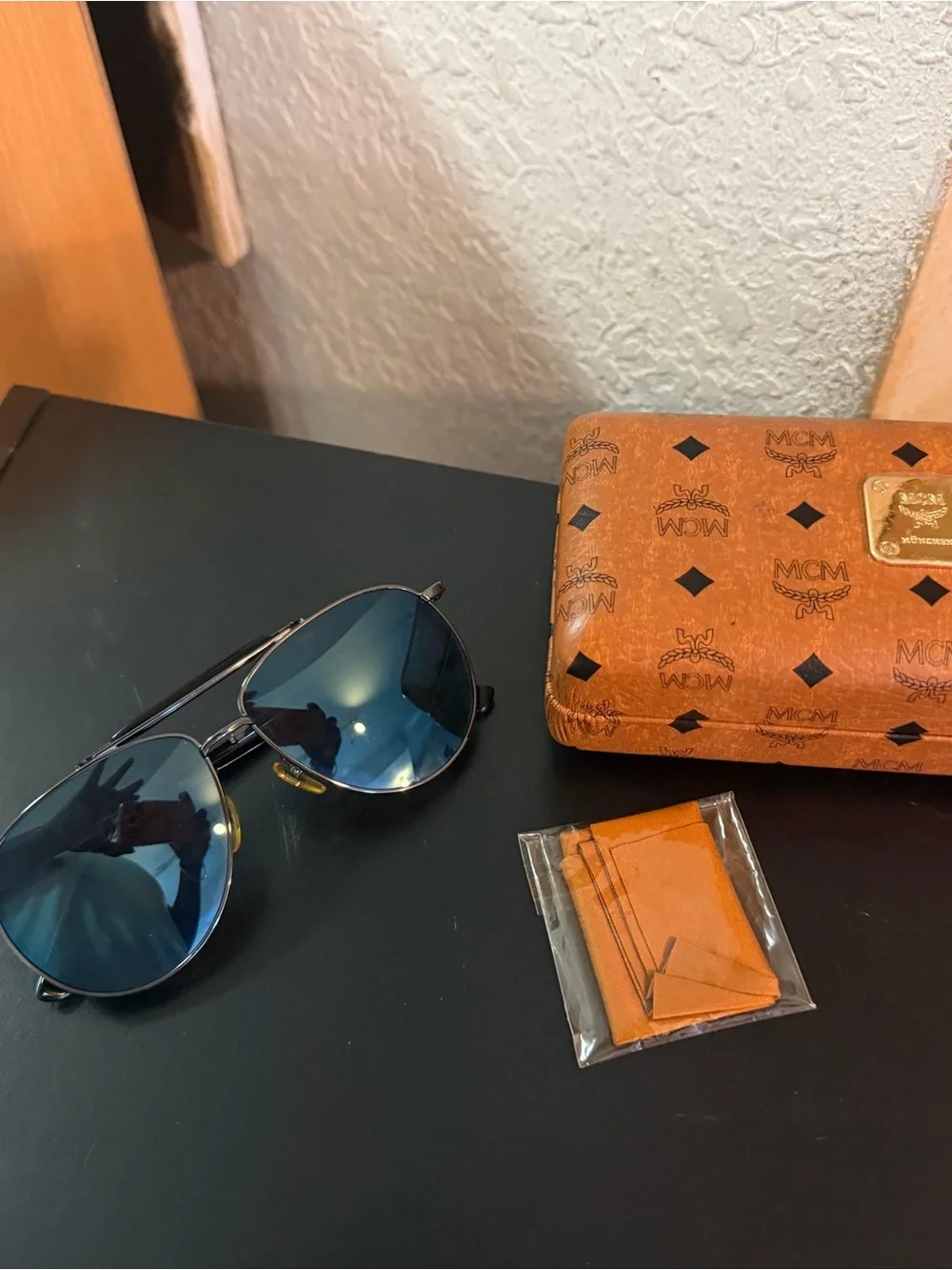 MCM Orange Suede Sunglasses Case with Matching Orange Slim Leather Wallet